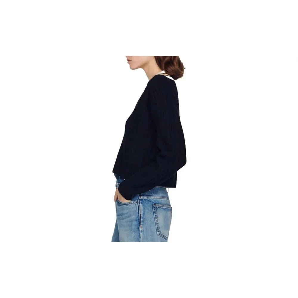 Sandro Contrast Stripe Cable Knit V-Neck Sweater in Navy White & Yellow Size 4 - Picture 4 of 15